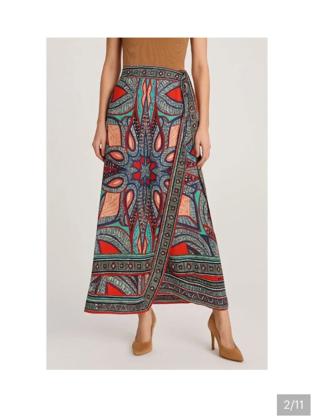New Anthropologie 100% Silk Geometic Jewel Tone Wrap Midi Skirt. Slit. Size 10 - Picture 8 of 13